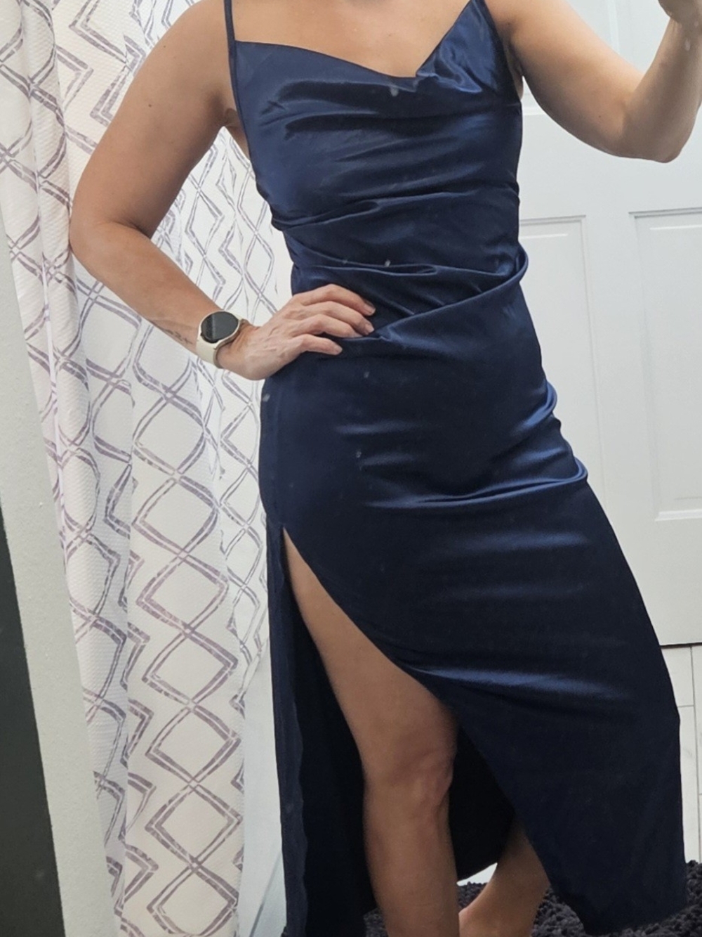 SHEIN Navy Satin High-Low Slip Dress with Side Slit